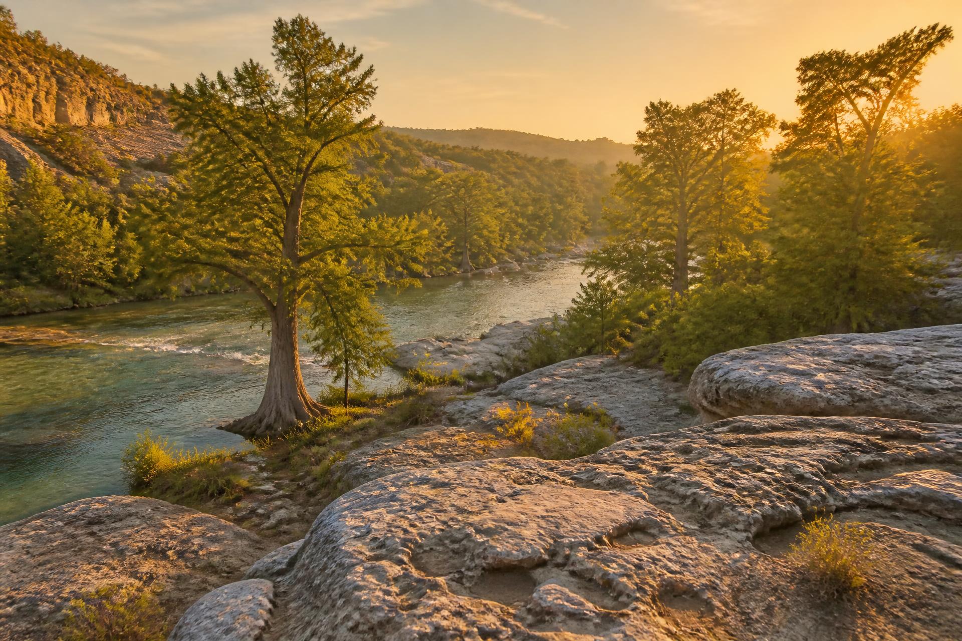 The Guadalupe River and limestone bluffs near Kerrville in the Texas Hill Country